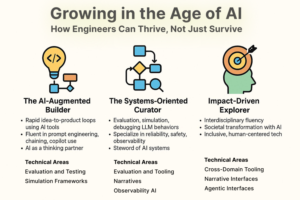 A diagram showing three AI-era growth paths for engineers: AI-Augmented Builder, Systems-Oriented Curator, and Impact-Driven Explorer
